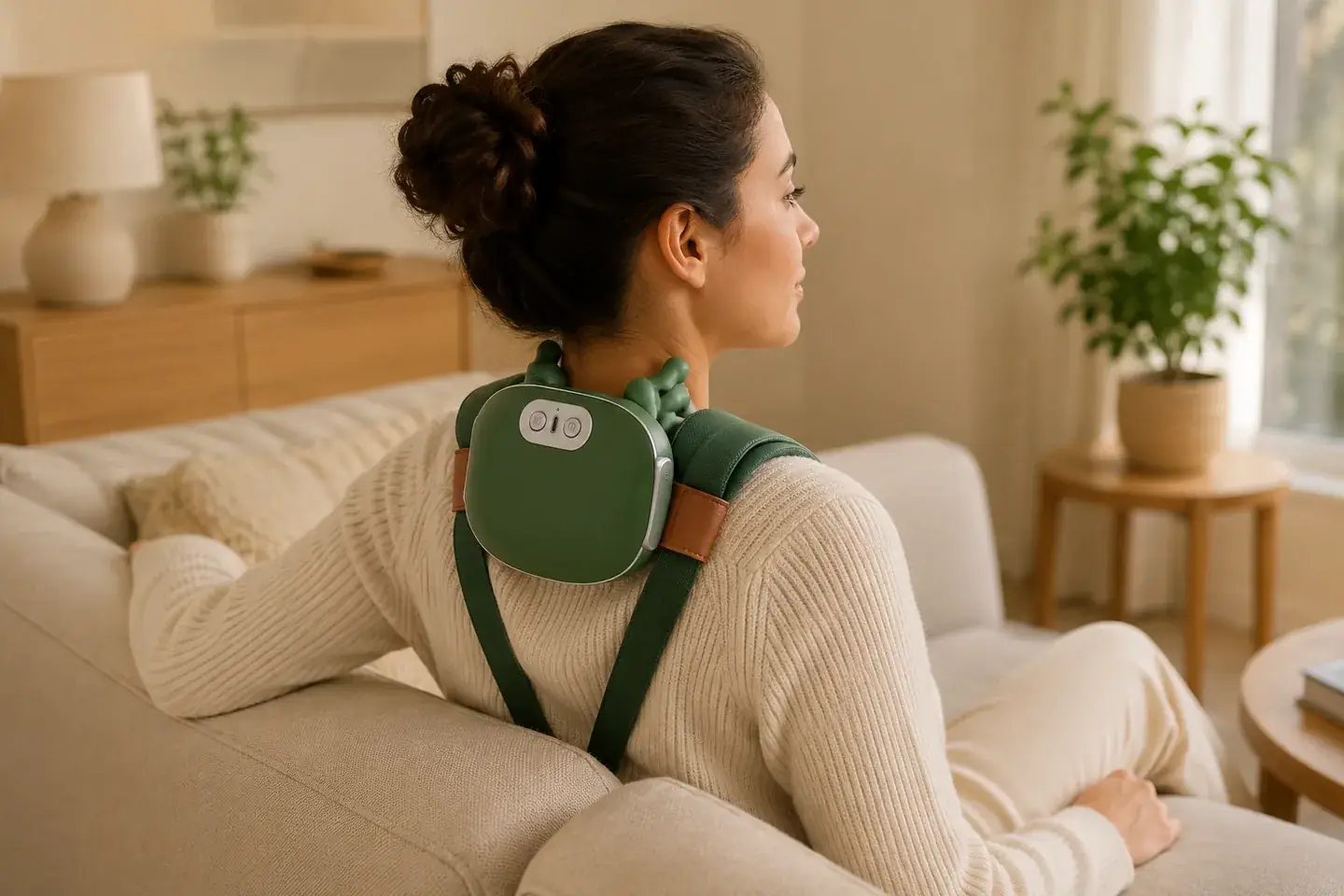 A woman sitting on a sofa wearing the massager over her shoulders, its straps crossing her chest