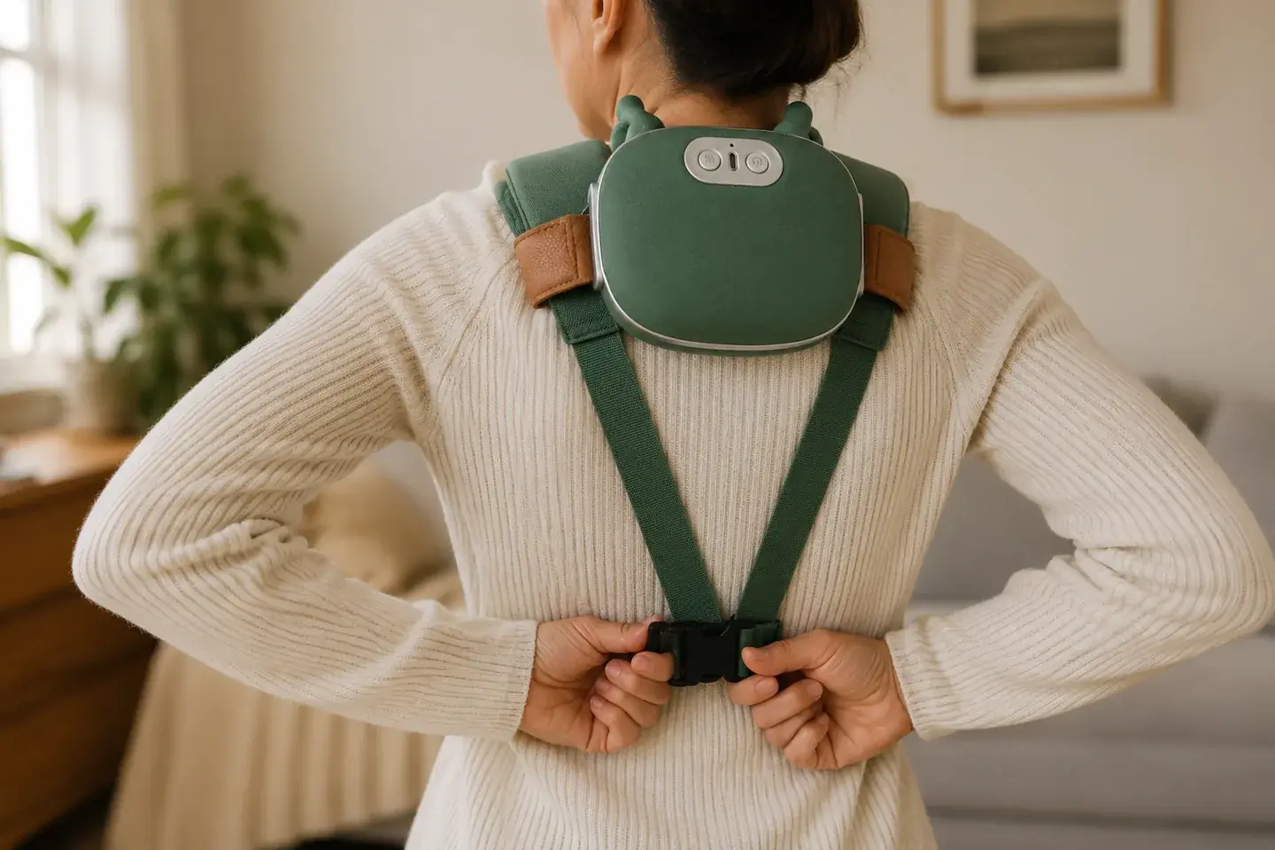 A woman seen from behind fastening the buckle of the massager at the small of her back