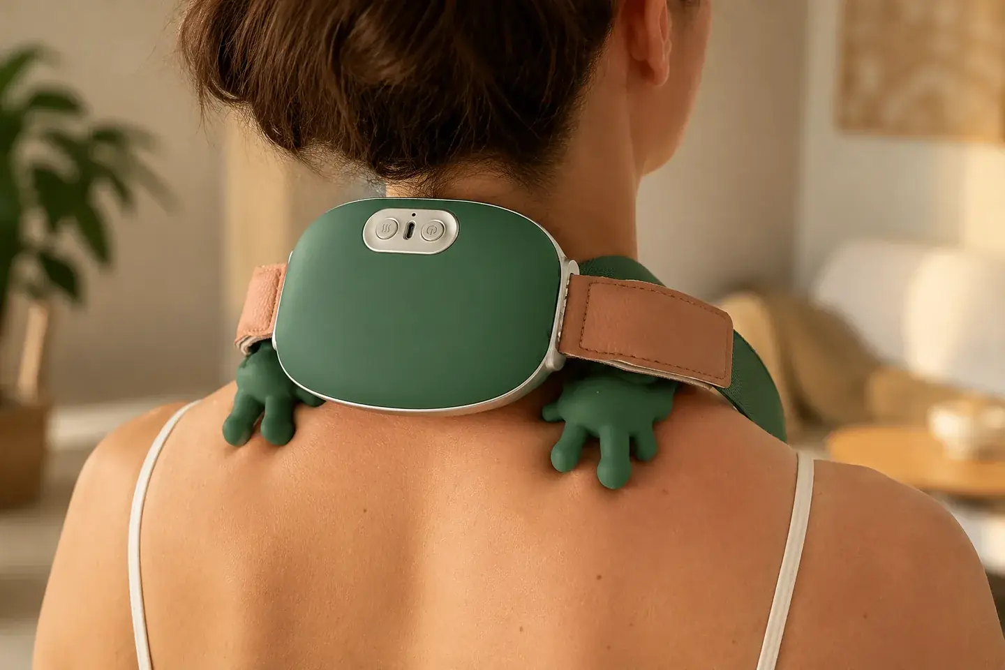 The massager worn at the base of the neck, its green silicone fingers spread across both trapezius muscles