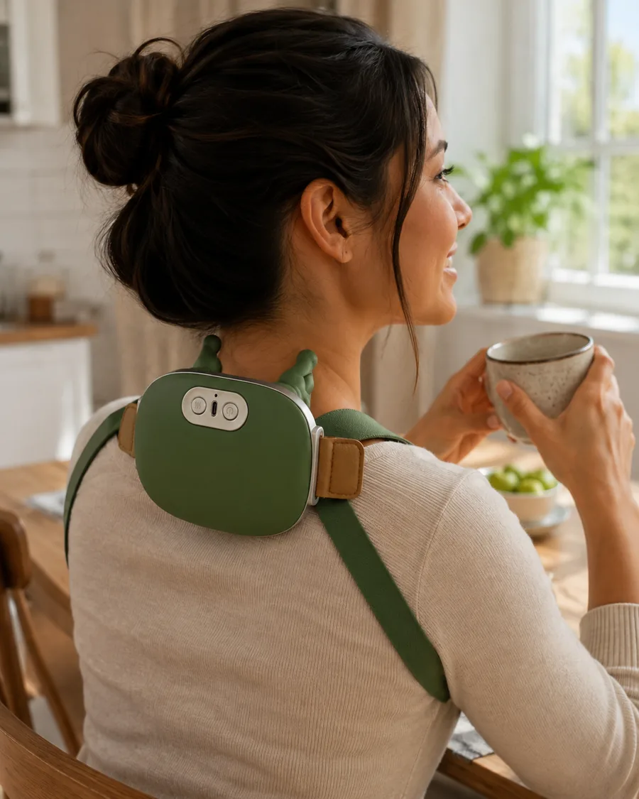 A person at a kitchen table in morning light, holding a mug, wearing the massager across the shoulders