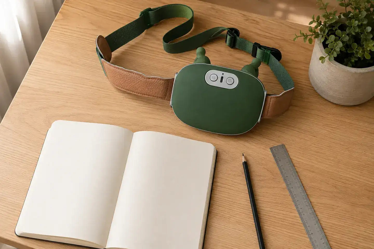 The massager on a wooden desk beside an open blank notebook, a pencil and a ruler