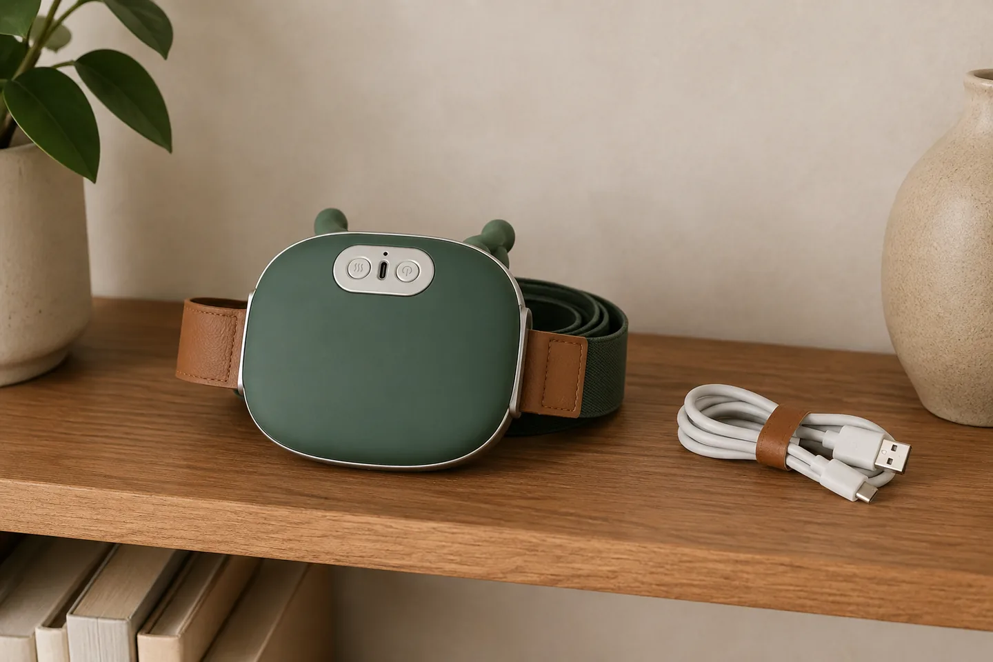 The massager and its coiled white charging cable on a wooden shelf beside a plant and a ceramic vase