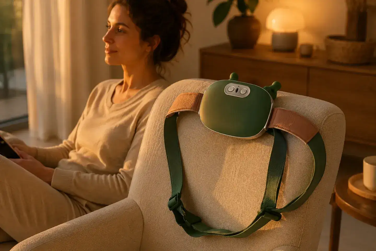 The massager hanging over the back of a cream armchair in a lamplit room, a woman reading beyond it
