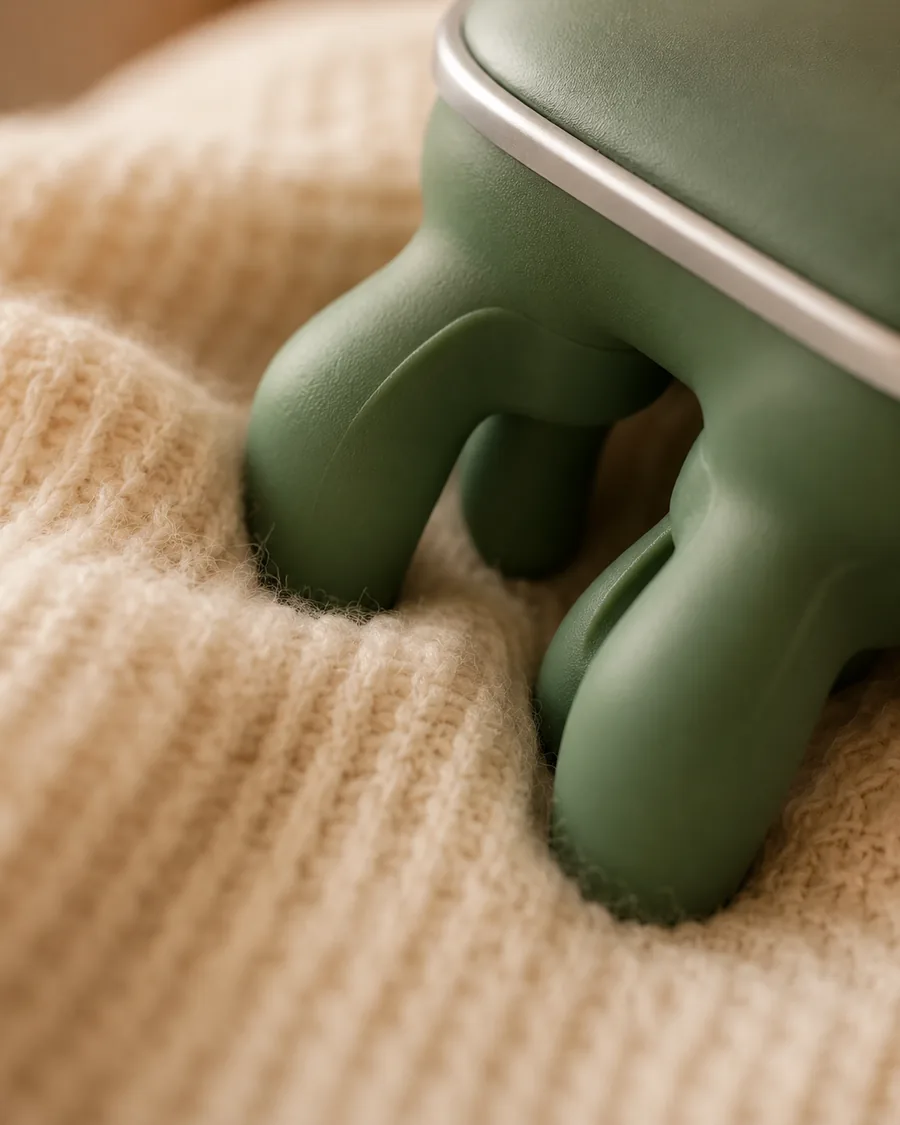 Close-up of the green silicone fingers pressing into a cream knitted blanket