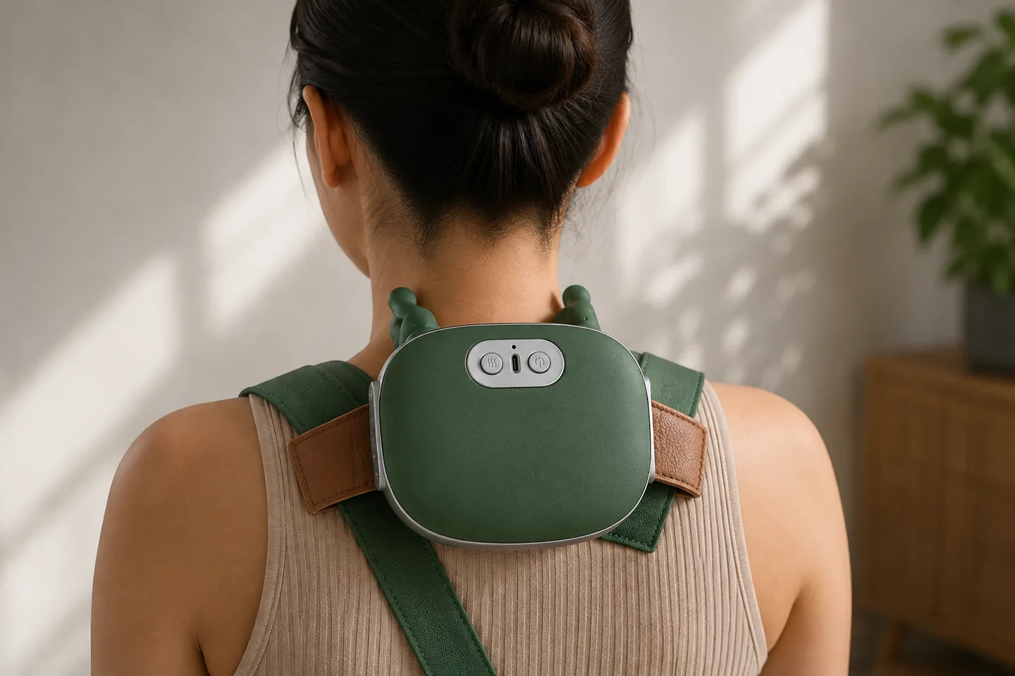 A person seen from behind in a vest top, the massager sitting across the neck and both shoulders