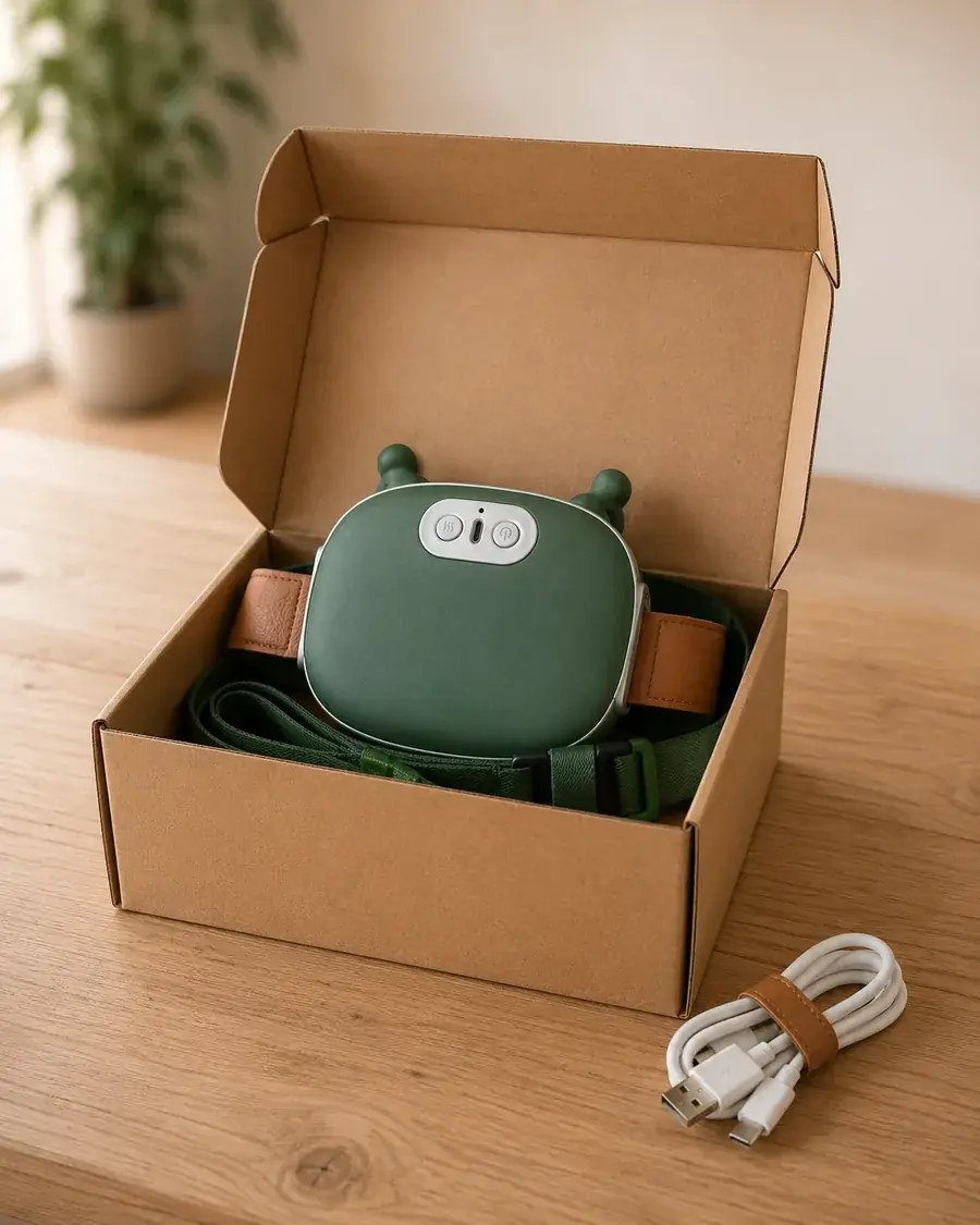 The massager just out of its plain cardboard box on a wooden table, its white charging cable coiled in front