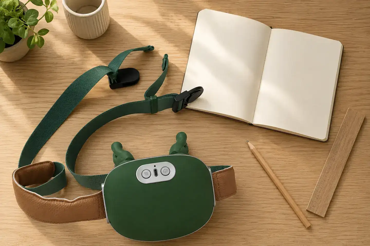 The massager with its strap unfastened on a wooden desk, beside an open blank notebook and a pencil