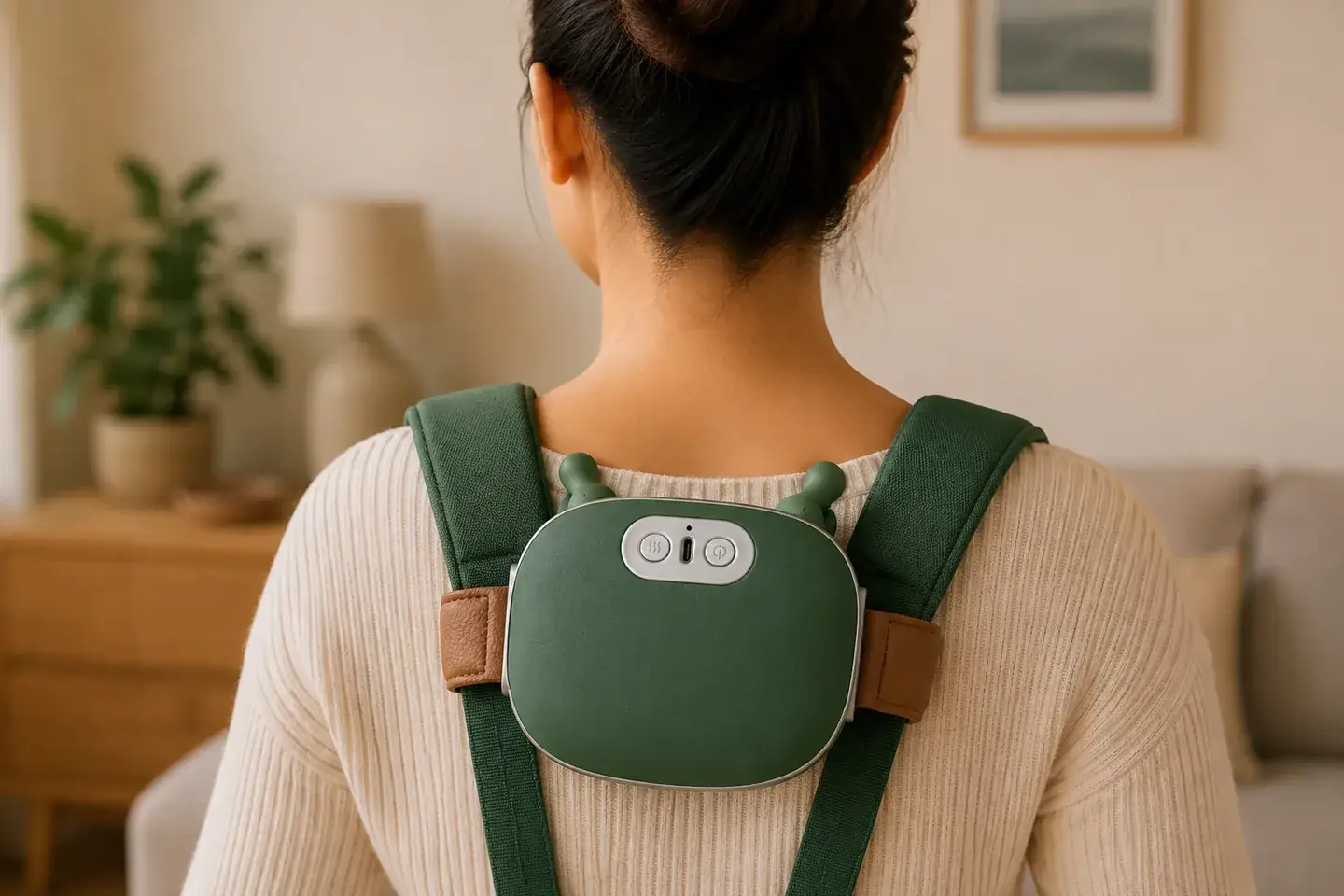Rear view of a person wearing the massager across the upper back, its padded straps over both shoulders