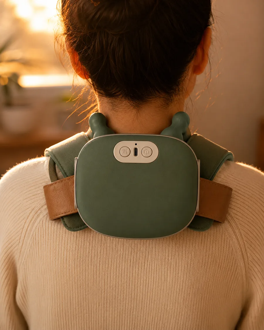 The massager worn at the base of the neck, showing how the two heads sit either side of the spine