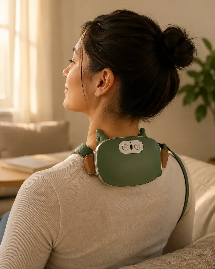 The Nodly neck massager worn over the shoulders, its straps pulled forward with both hands